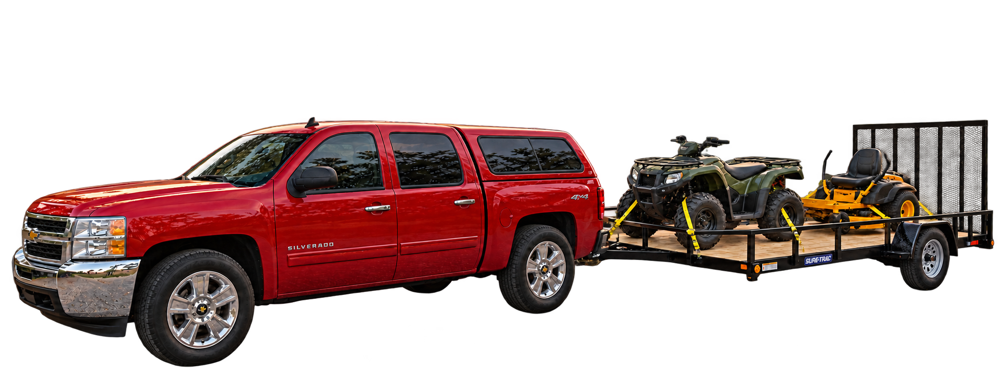 Red Chevrolet Silverado with matching topper towing a black single-axle Sure-Trac utility trailer carrying an ATV and riding mower